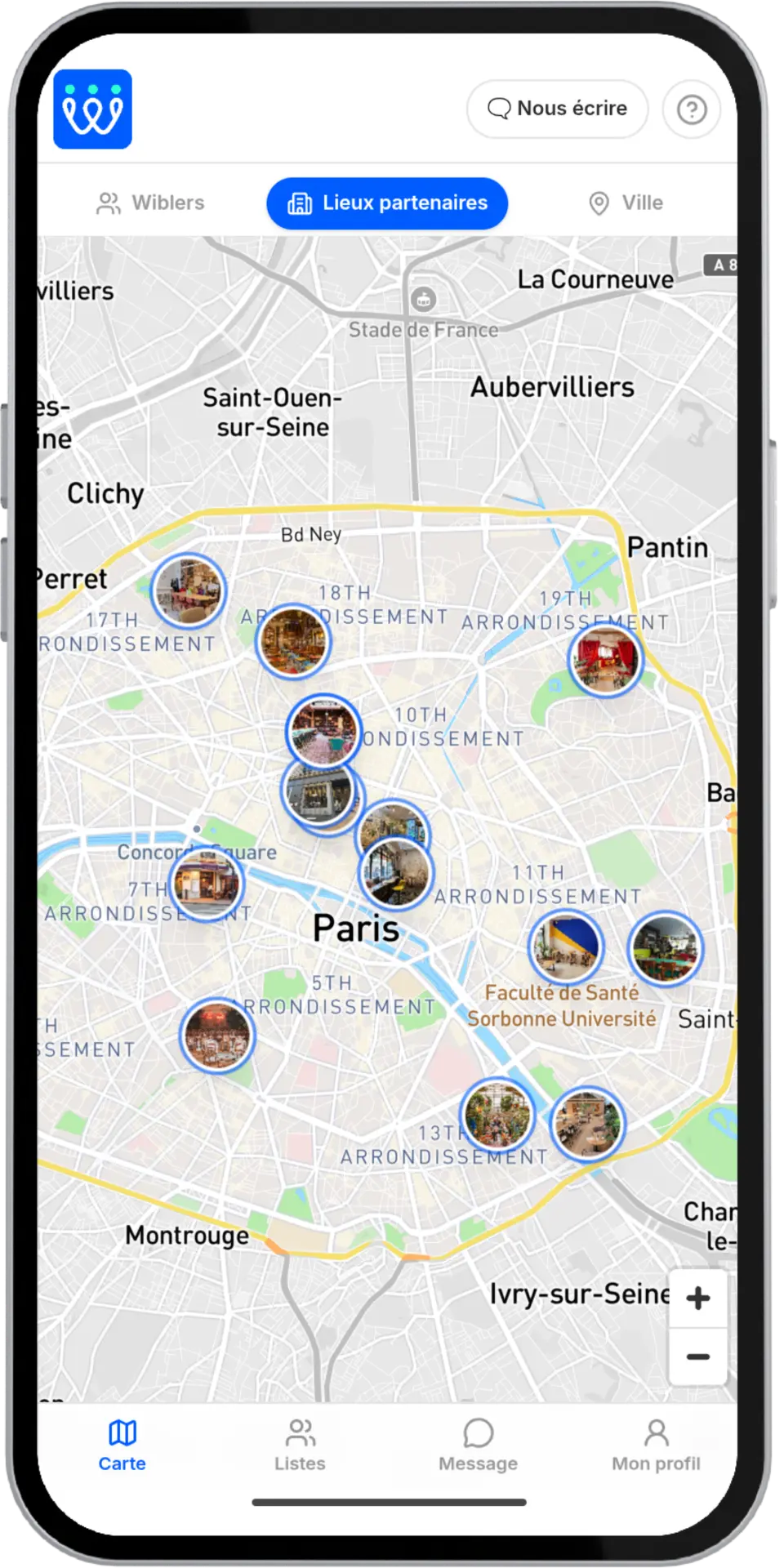 Carte des lieux partenaires Wibly